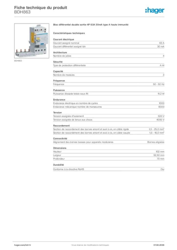 Image Hager Fiche technique du produit BDH863 | Hager Afrique