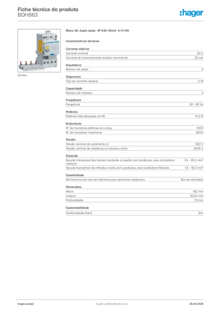 Imagem Hager Ficha técnica do produto BDH863 | Hager Portugal