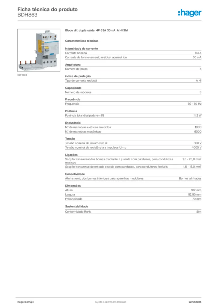 Imagem Hager Ficha técnica do produto BDH863 | Hager Portugal