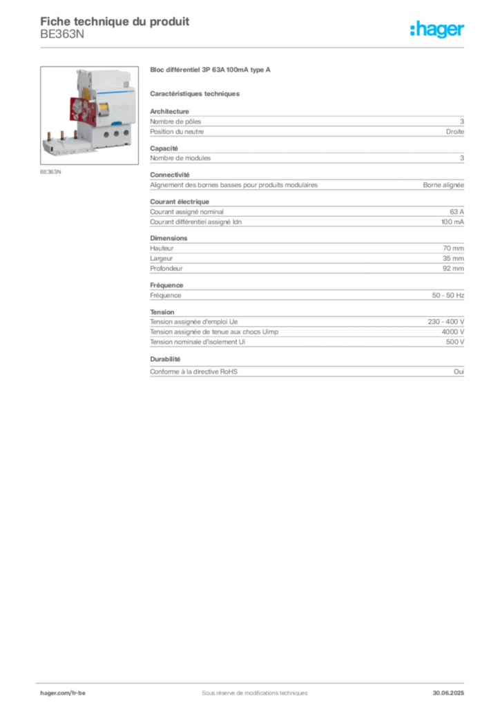 Image Hager Fiche technique du produit BE363N | Hager Belgique