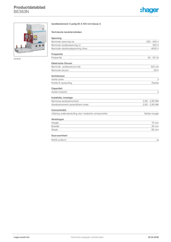 Afbeelding Hager Productdatablad BE363N | Hager Belgium