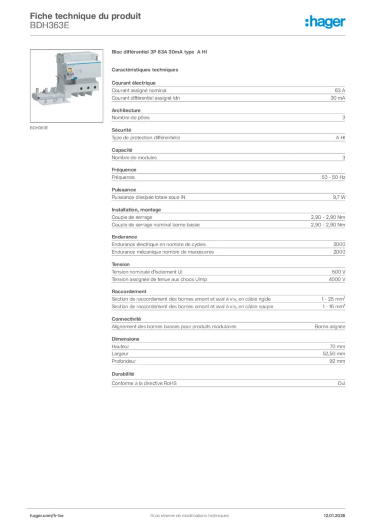 Image Hager Fiche technique du produit BDH363E | Hager Belgique