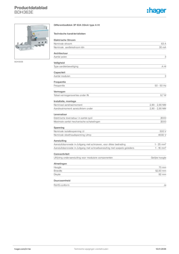 Afbeelding Hager Productdatablad BDH363E | Hager Belgium