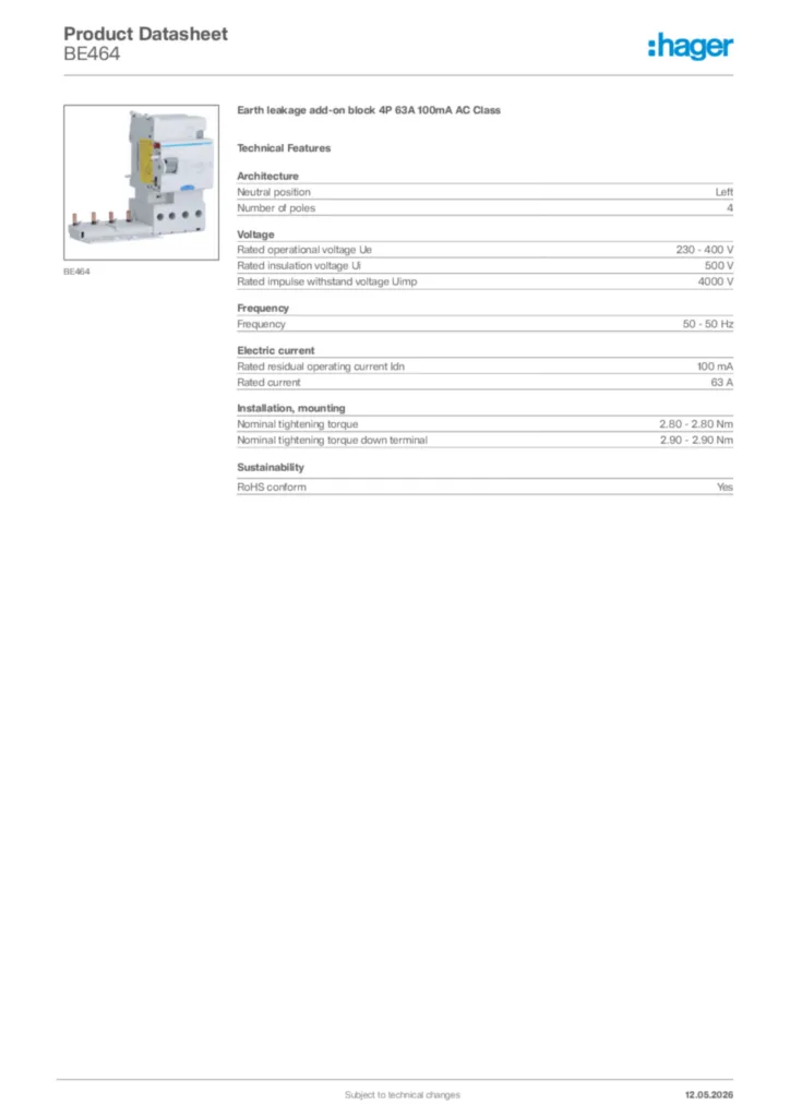 Image Hager Product data sheet BE464  | Hager Africa