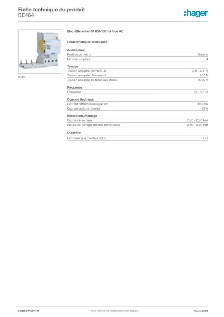 Image Hager Fiche technique du produit BE464 | Hager Afrique