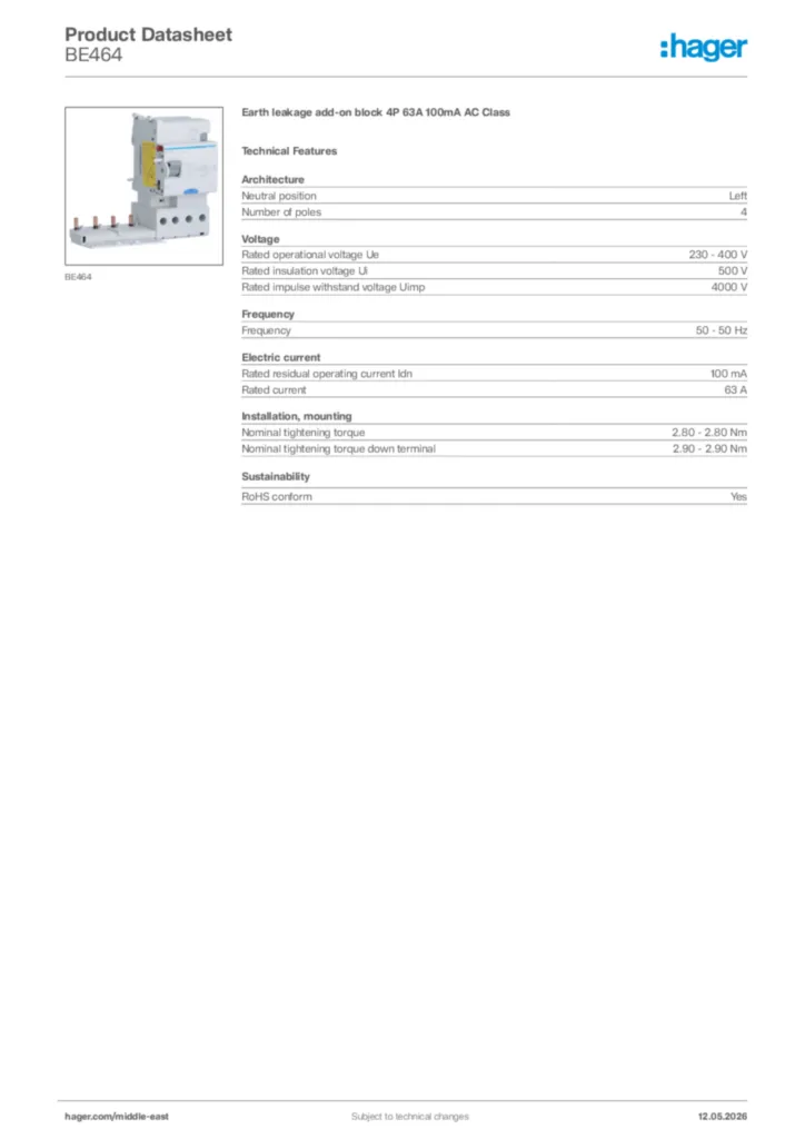 Image Hager Product data sheet BE464  | Hager