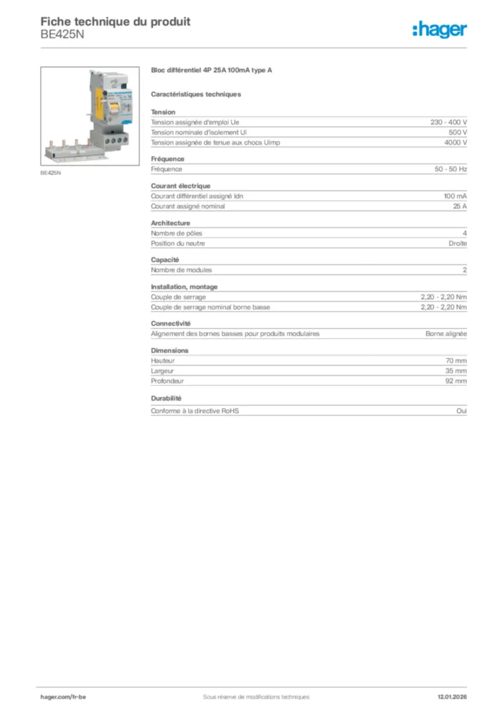 Image Hager Fiche technique du produit BE425N | Hager Belgique