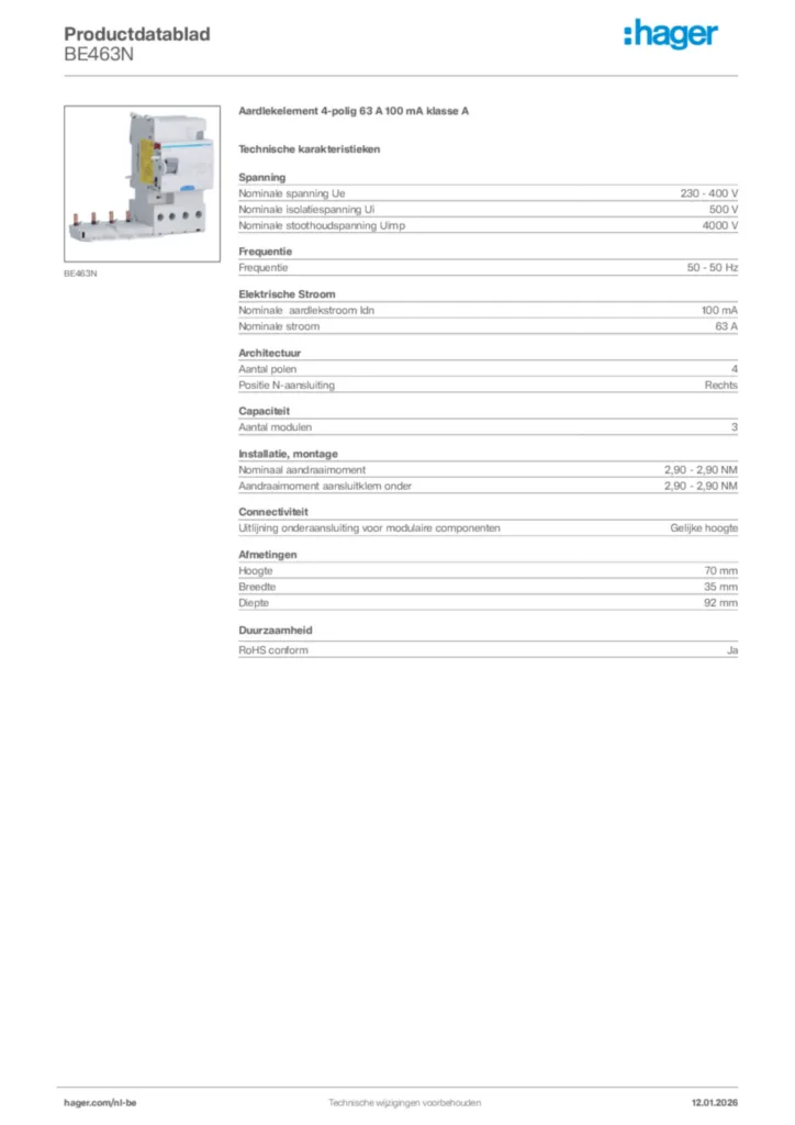Afbeelding Hager Productdatablad BE463N | Hager Belgium
