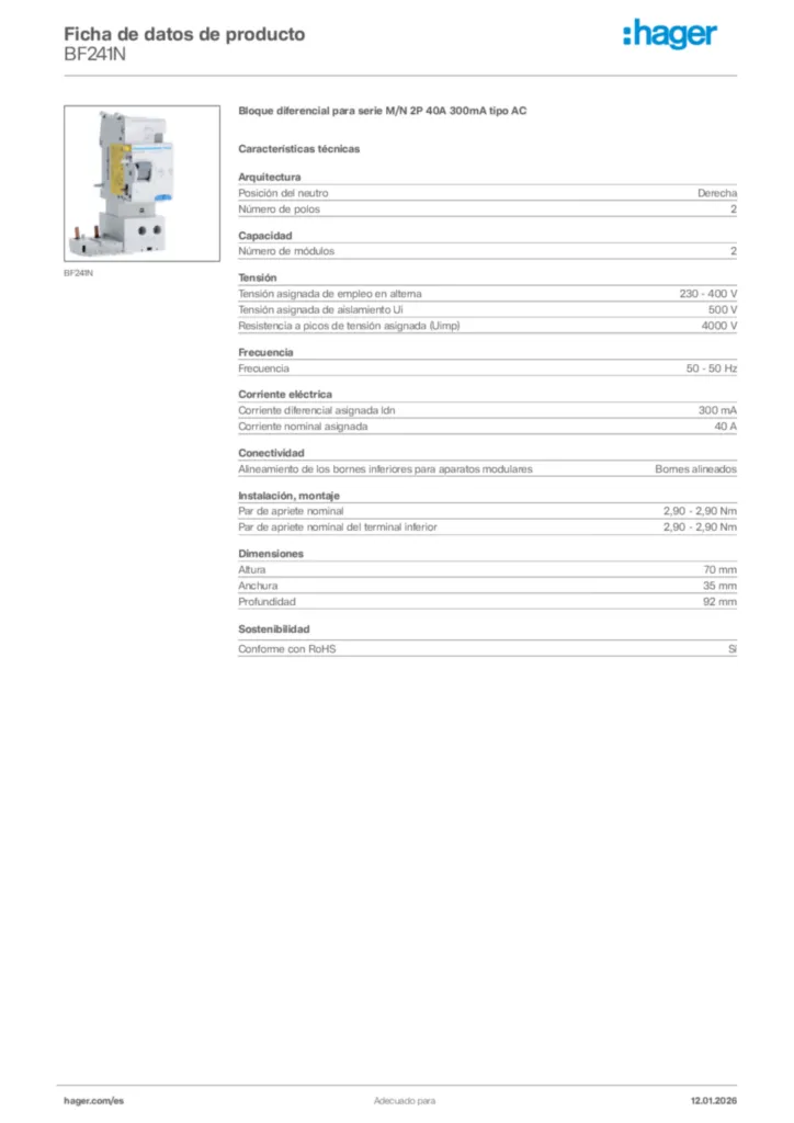 Imagen Hager Ficha de datos de producto BF241N | Hager España