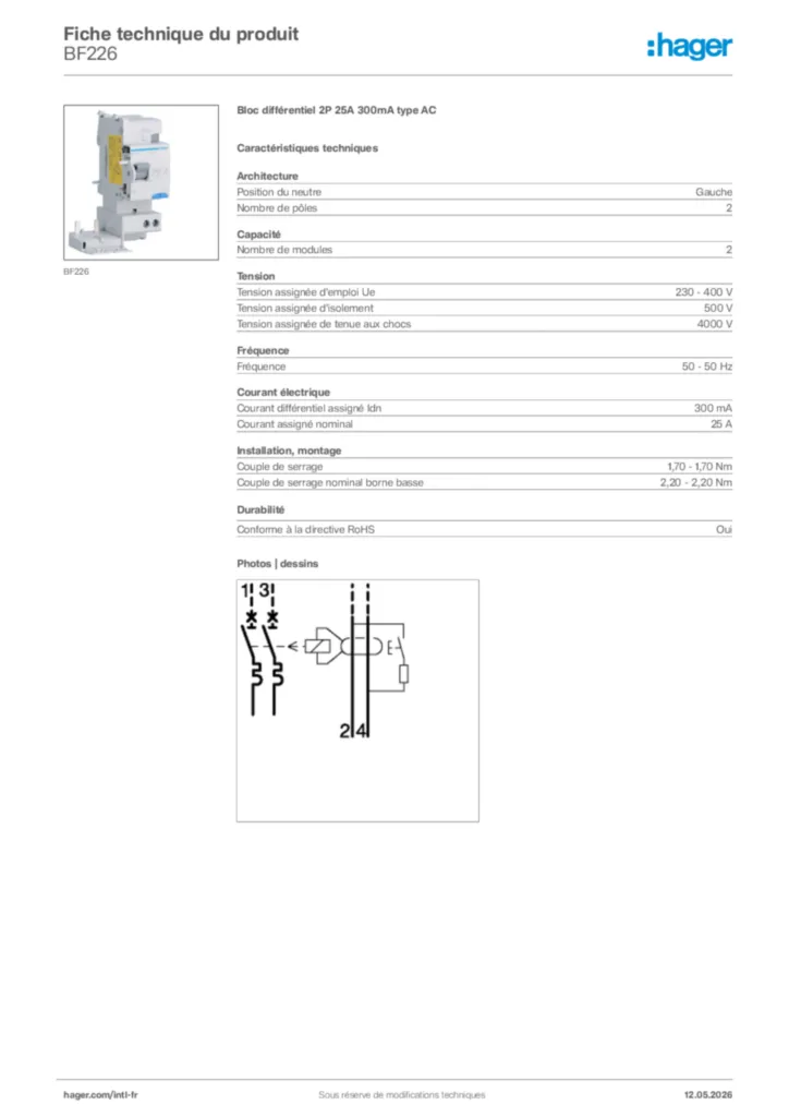 Image Hager Fiche technique du produit BF226 | Hager Afrique