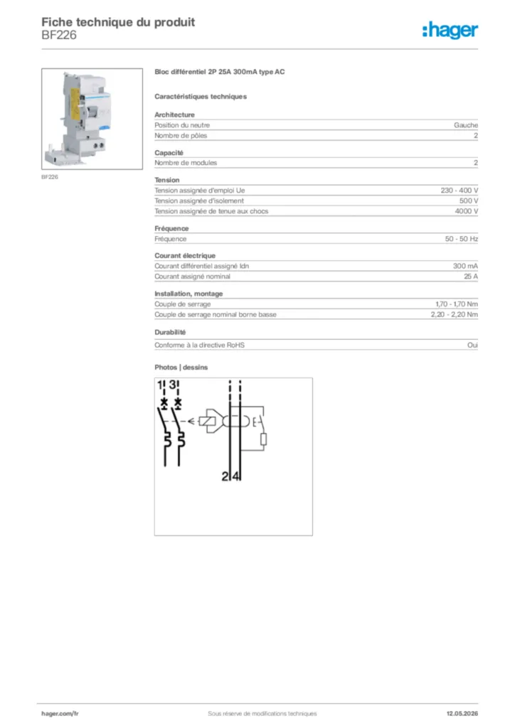 Image Hager Fiche technique du produit BF226 | Hager France