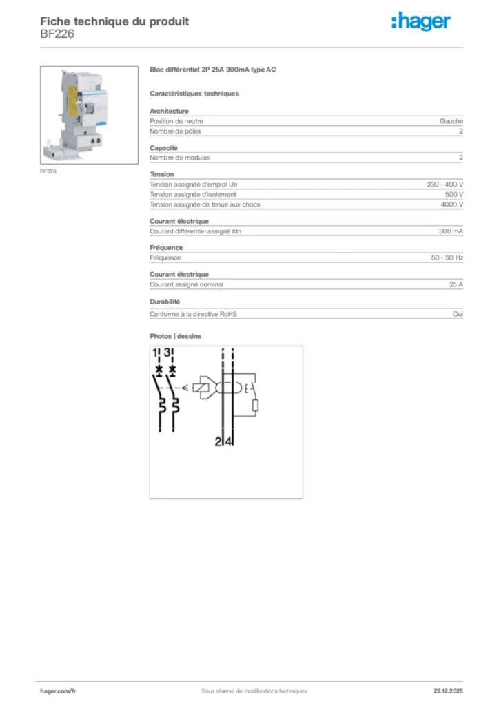 Image Hager Fiche technique du produit BF226 | Hager France