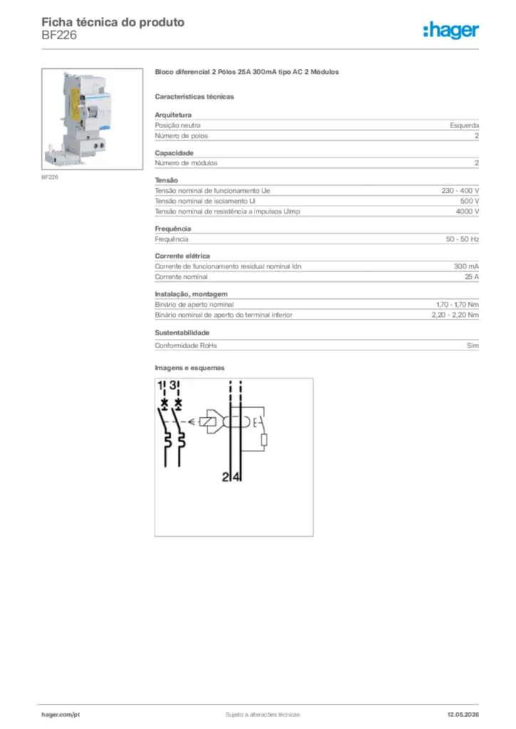 Imagem Hager Ficha técnica do produto BF226 | Hager Portugal