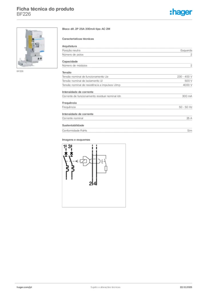 Imagem Hager Ficha técnica do produto BF226 | Hager Portugal