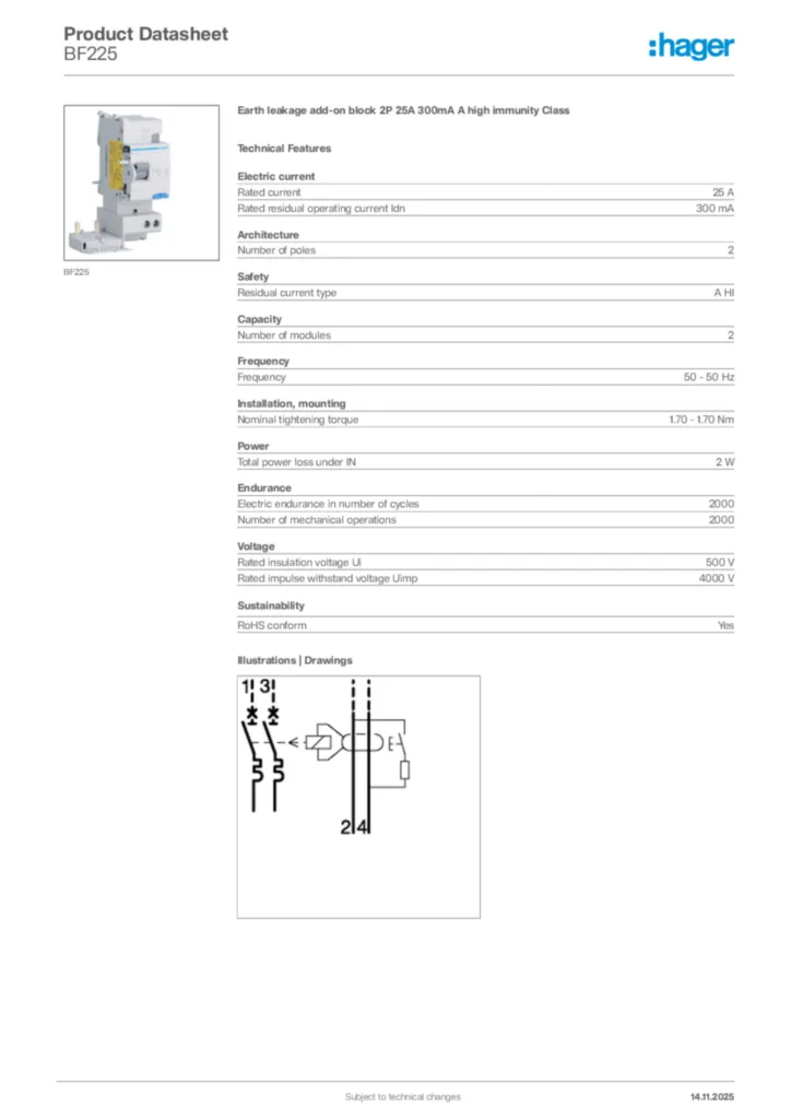 Image Hager Product data sheet BF225  | Hager Africa