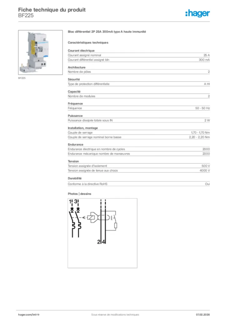 Image Hager Fiche technique du produit BF225 | Hager Afrique