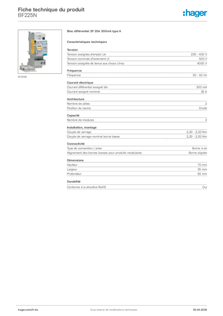 Image Hager Fiche technique du produit BF225N | Hager Belgique
