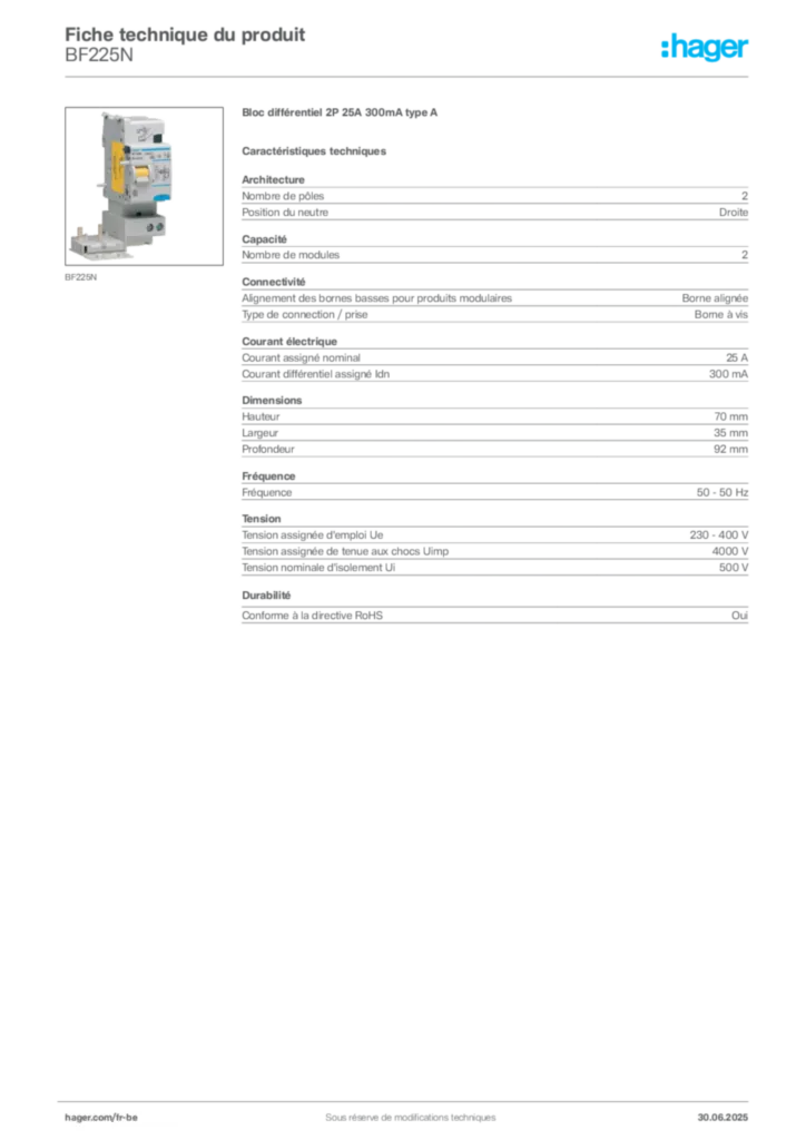 Image Hager Fiche technique du produit BF225N | Hager Belgique