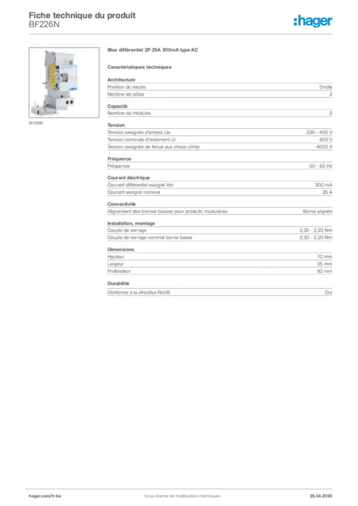 Image Hager Fiche technique du produit BF226N | Hager Belgique