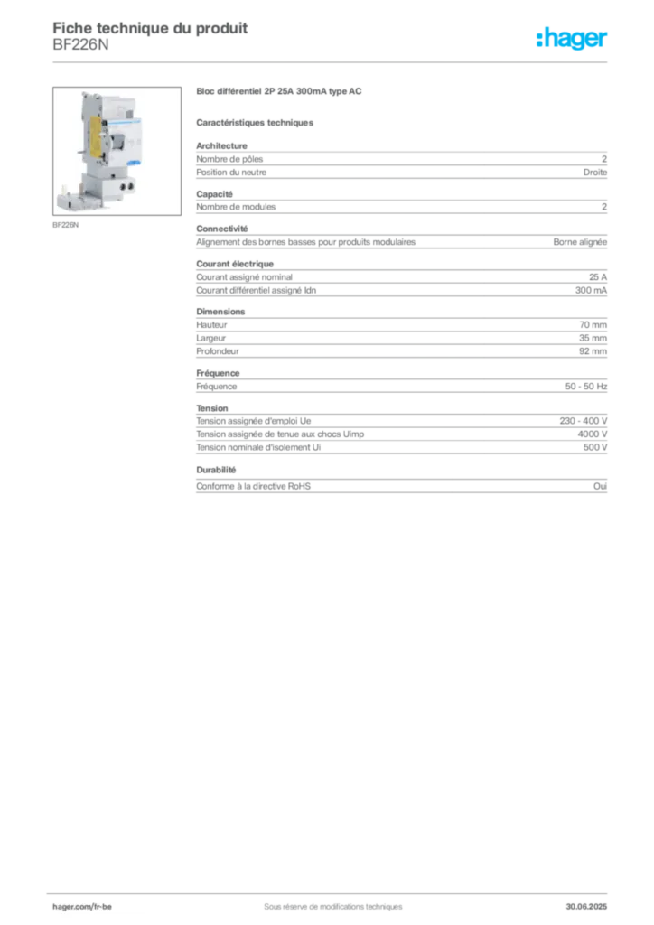 Image Hager Fiche technique du produit BF226N | Hager Belgique