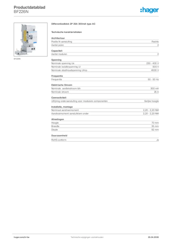 Afbeelding Hager Productdatablad BF226N | Hager Belgium