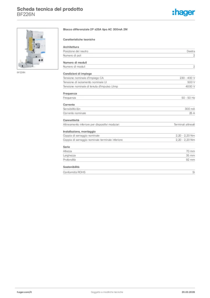 Immagine Hager Scheda tecnica del prodotto BF226N | Hager Italia
