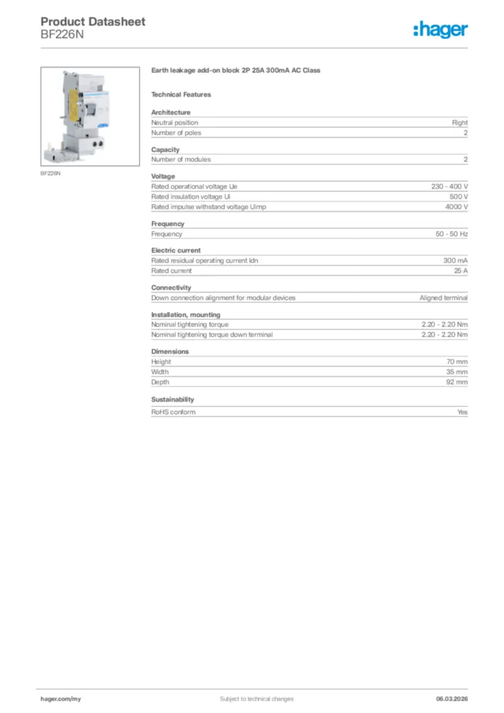 Image Hager Product data sheet BF226N  | Hager