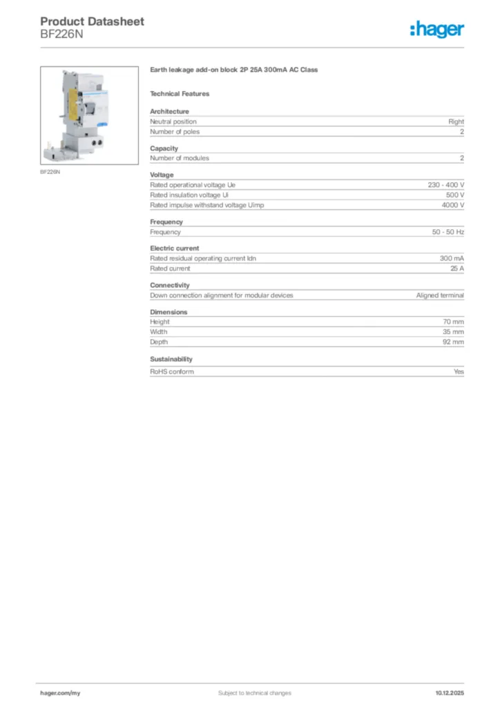 Image Hager Product data sheet BF226N  | Hager
