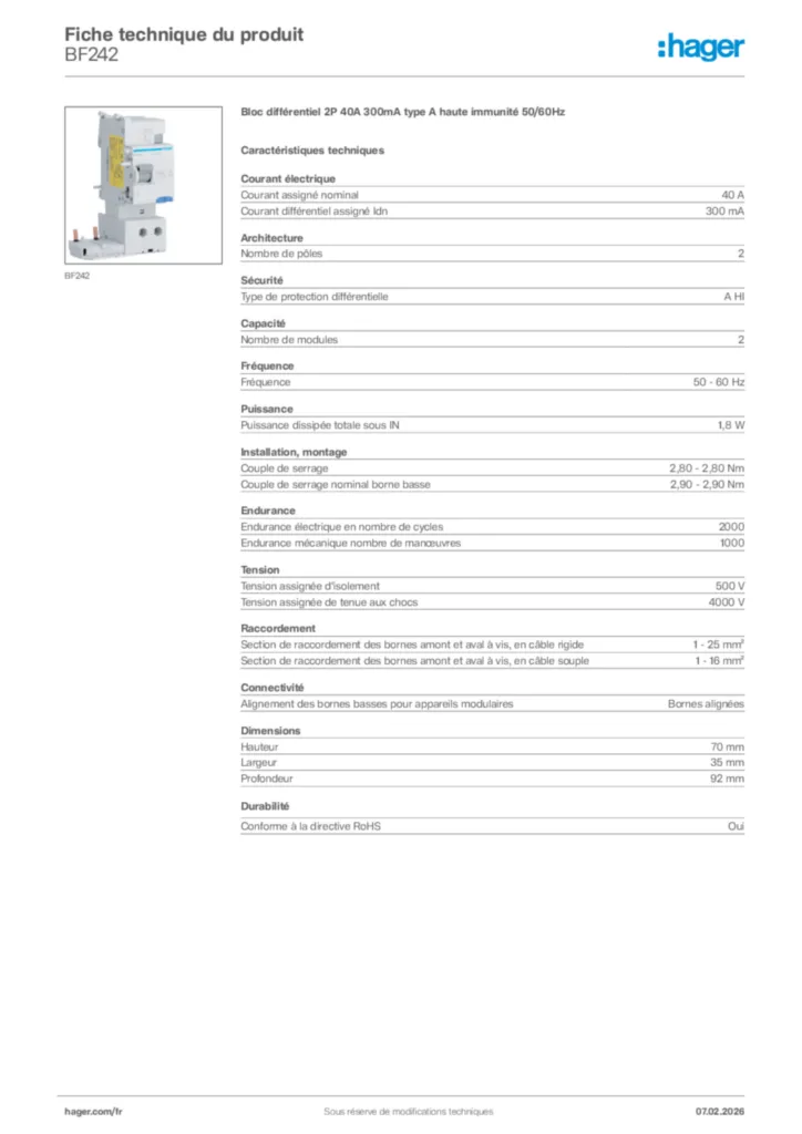 Image Hager Fiche technique du produit BF242 | Hager France