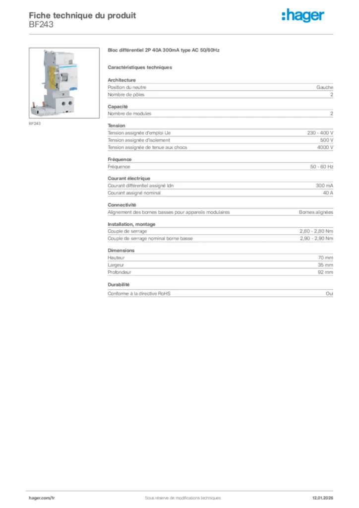 Image Hager Fiche technique du produit BF243 | Hager France