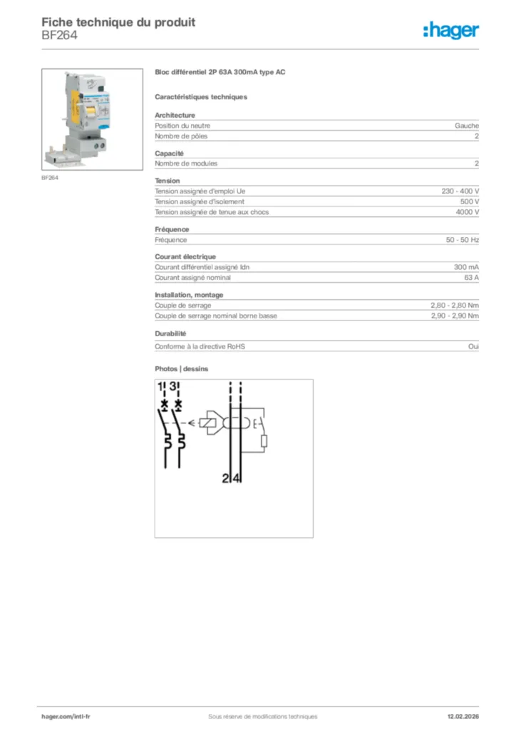 Image Hager Fiche technique du produit BF264 | Hager Afrique
