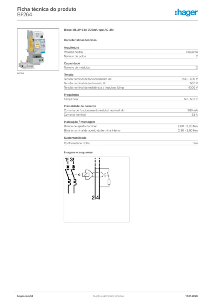 Imagem Hager Ficha técnica do produto BF264 | Hager Portugal