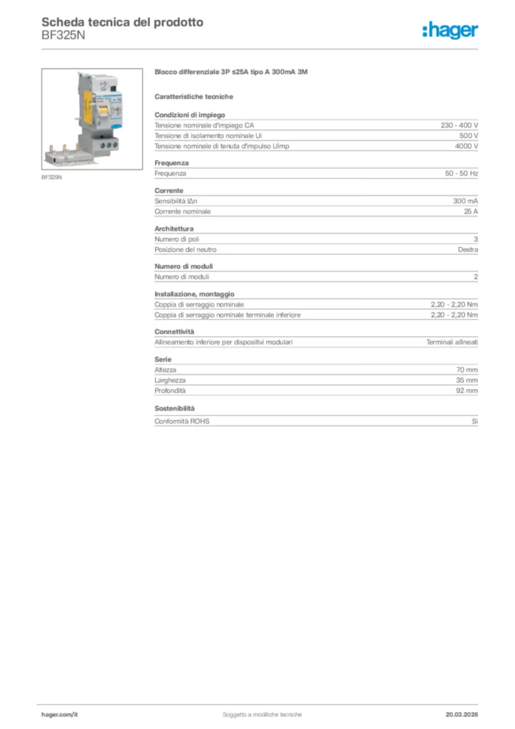 Immagine Hager Scheda tecnica del prodotto BF325N | Hager Italia