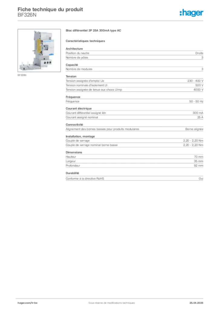 Image Hager Fiche technique du produit BF326N | Hager Belgique