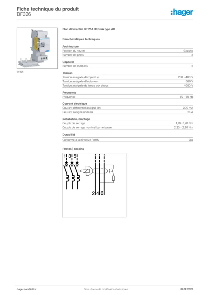 Image Hager Fiche technique du produit BF326 | Hager Afrique