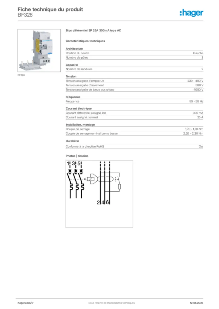 Image Hager Fiche technique du produit BF326 | Hager France