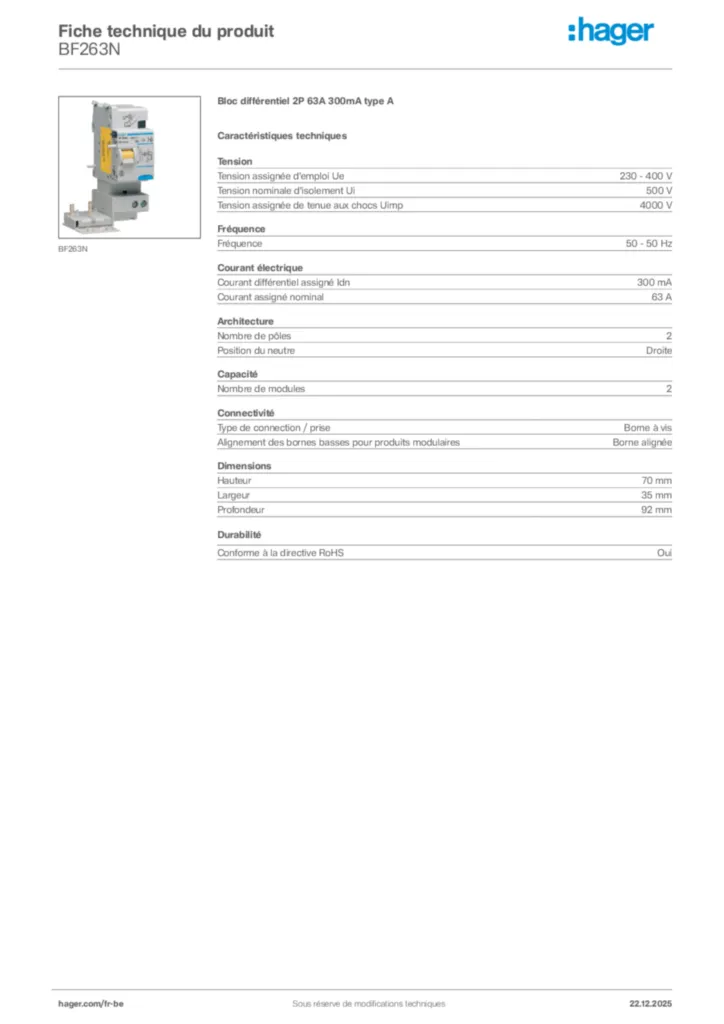 Image Hager Fiche technique du produit BF263N | Hager Belgique