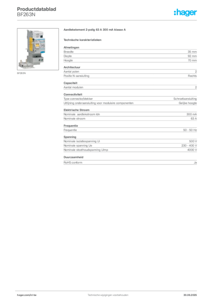Afbeelding Hager Productdatablad BF263N | Hager Belgium