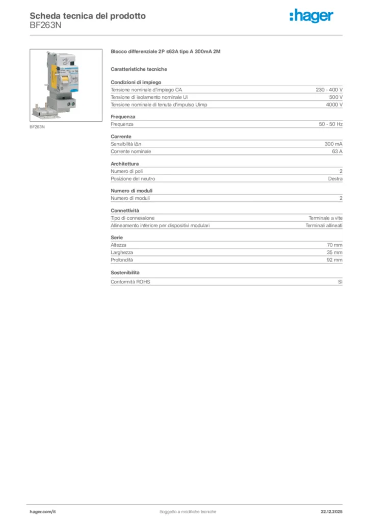 Immagine Hager Scheda tecnica del prodotto BF263N | Hager Italia
