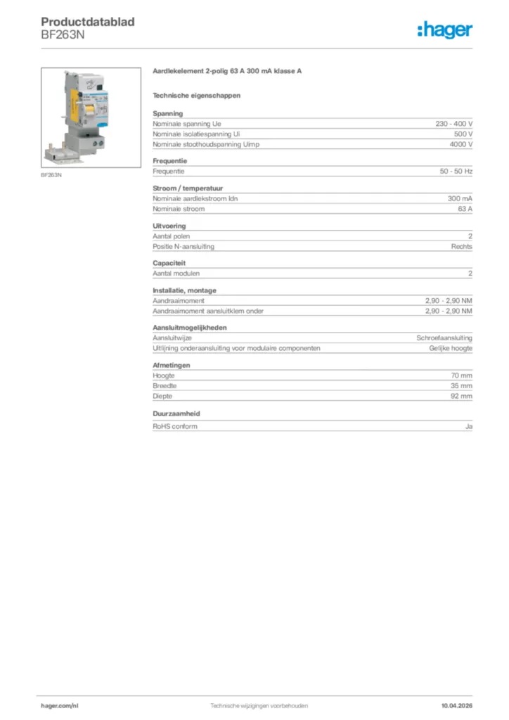 Afbeelding Hager Productdatablad BF263N | Hager Nederland