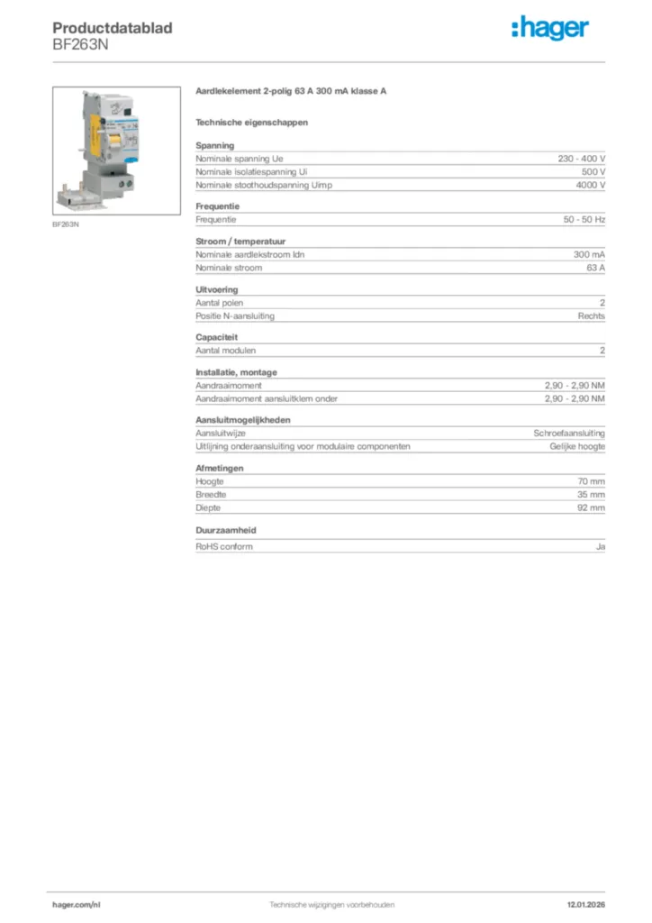 Afbeelding Hager Productdatablad BF263N | Hager Nederland