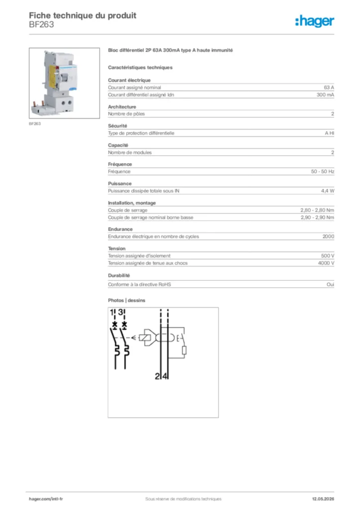 Image Hager Fiche technique du produit BF263 | Hager Afrique