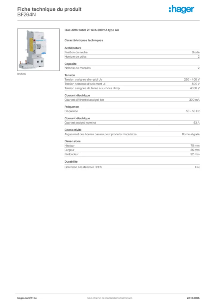 Image Hager Fiche technique du produit BF264N | Hager Belgique