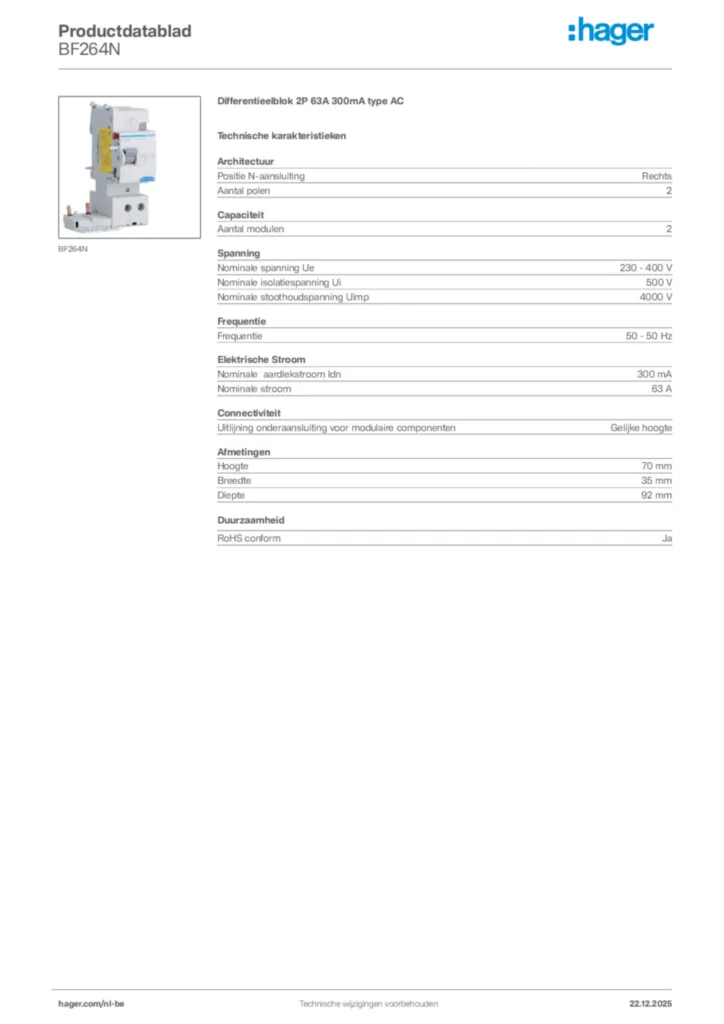 Afbeelding Hager Productdatablad BF264N | Hager Belgium