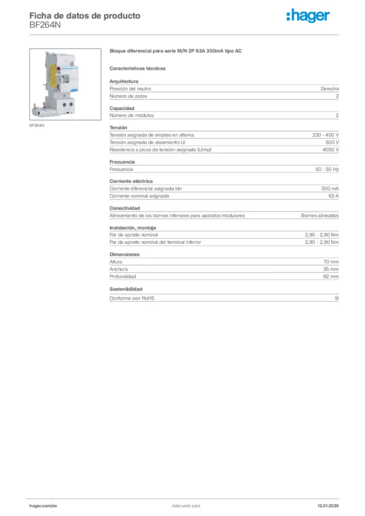 Imagen Hager Ficha de datos de producto BF264N | Hager España