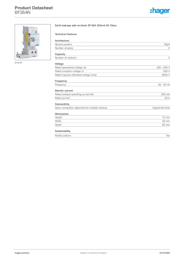 Image Hager Product data sheet BF264N  | Hager