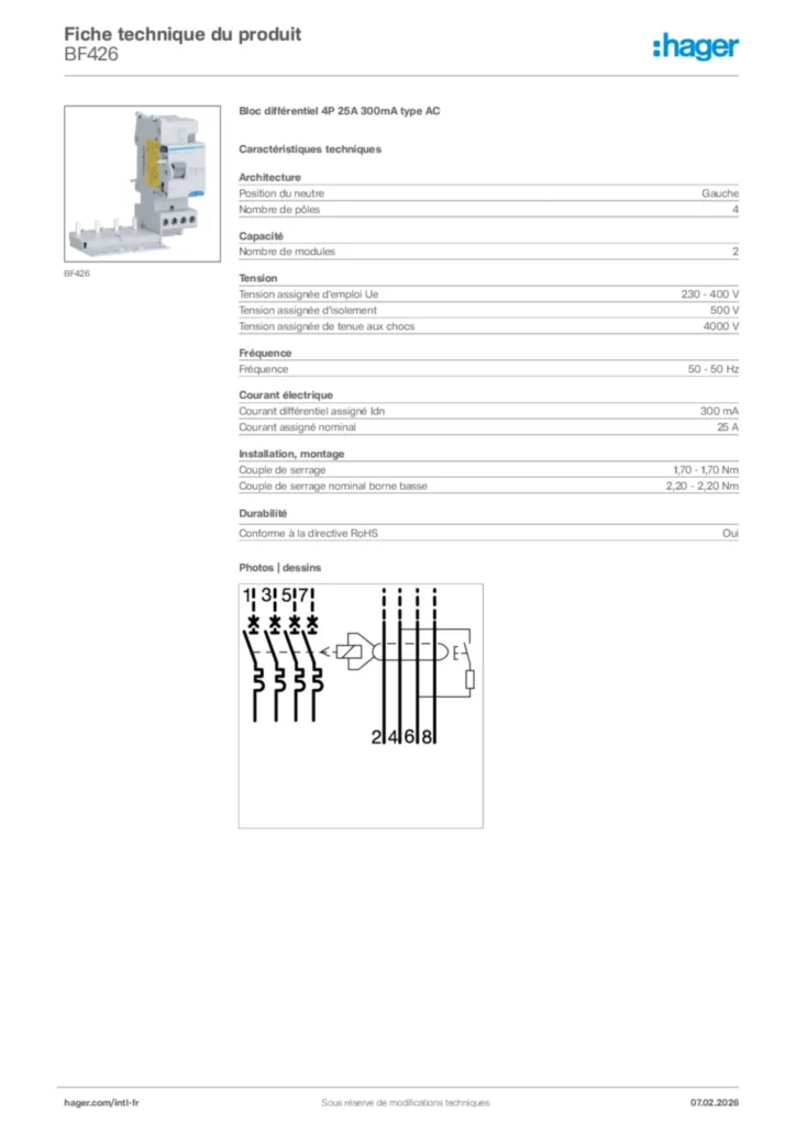 Image Hager Fiche technique du produit BF426 | Hager Afrique