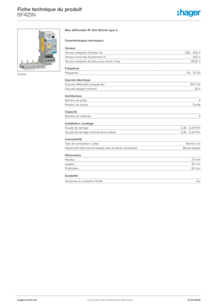 Image Hager Fiche technique du produit BF425N | Hager Belgique