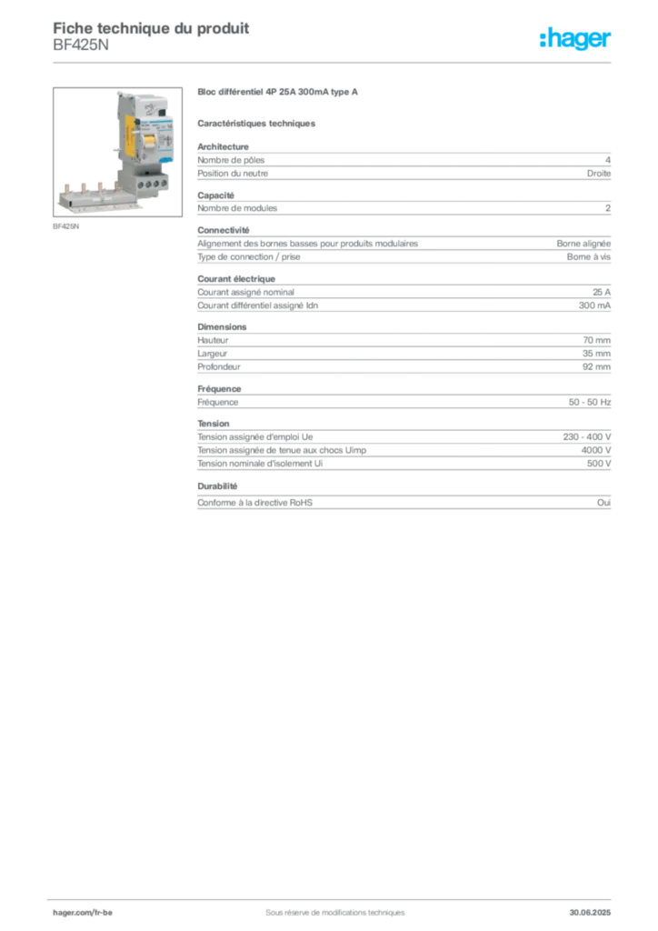 Image Hager Fiche technique du produit BF425N | Hager Belgique