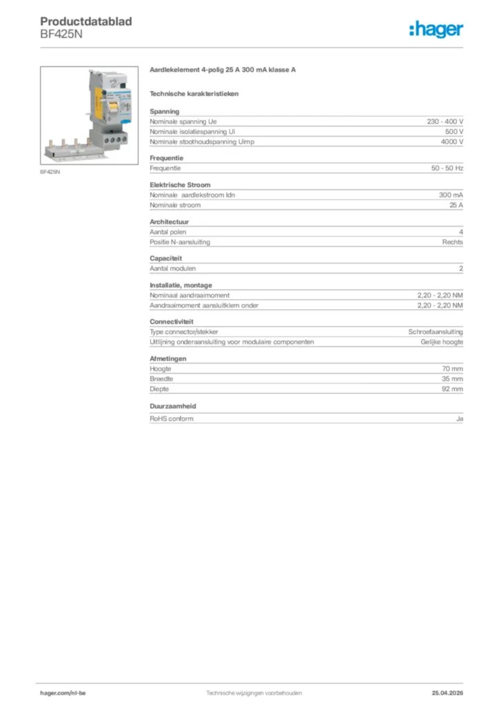 Afbeelding Hager Productdatablad BF425N | Hager Belgium